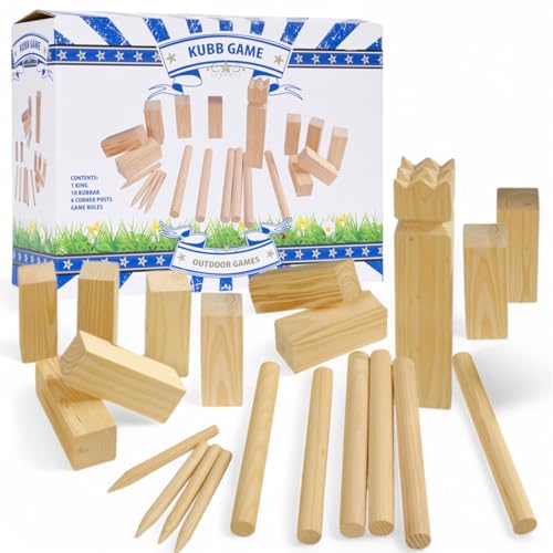 MIJOMA Kubb Spiel – Wikinger-Schach aus Holz – Outdoor Wurfspiel für Garten & Park – Strategie & Geschicklichkeit – Perfekt für Familien & Freunde – 21-teiliges Set mit König, Kubbs & Wurfhölzern von MIJOMA