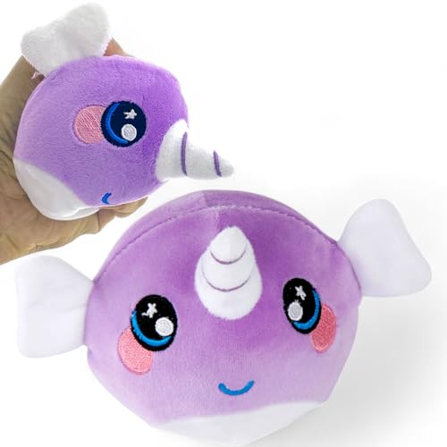 MIJOMA Kuscheliger Antistress-Squeezeball - Velvet Plüsch Quetschball im Kawaii Design, Sensorikspielzeug für alle Altersklassen, Ø10cm (violetter Narwal) von MIJOMA