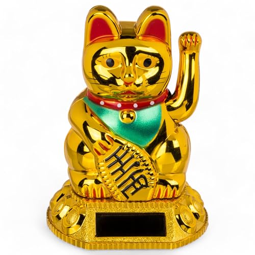 MIJOMA Solarbetriebene Wackelfigur - Bewegliche Figur mit Solarzelle, Kunststoff, 10 cm hoch, Keine Batterien notwendig, Perfekt für Fensterbretter, Autos & sonnige Plätze (Winkekatze Gold glänzend) von MIJOMA