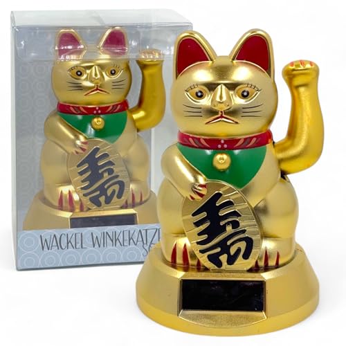 MIJOMA Solarbetriebene Wackelfigur - Bewegliche Figur mit Solarzelle, Kunststoff, 10 cm hoch, Keine Batterien notwendig, Perfekt für Fensterbretter, Autos & sonnige Plätze (Winkekatze Gold matt) von MIJOMA