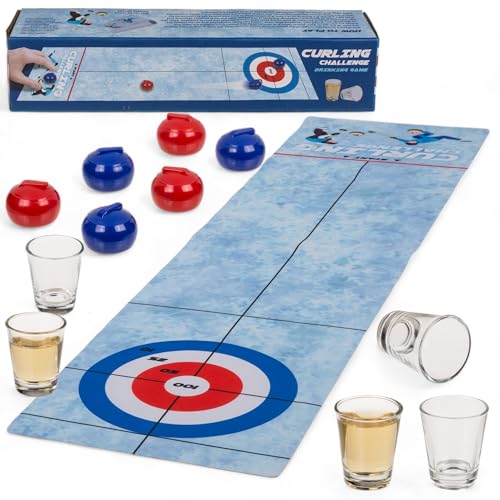 MIJOMA Trinkspiel, Tischfußball & Tischcurling, Inklusive Spielmatte 120x30 cm, 6 Kugelgleiter, 2 Shooter-Gläser - Bring Schwung in Jede Party! (Tischcurling) von MIJOMA