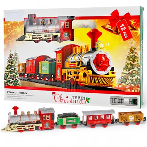 MIJOMA Weihnachtszug 12-teilig: Nostalgische Weihnachtseisenbahn mit Licht & Sound, inkl. Schienen, Tannen & Waggons - Ideal für Weihnachtsdeko & leuchtende Kinderaugen von MIJOMA