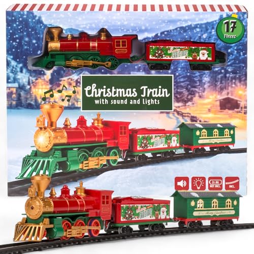 MIJOMA Weihnachtszug 17-teilig: Nostalgische Weihnachtseisenbahn mit Licht & Sound, inkl. Schienen, Tannen & Waggons - Ideal für Weihnachtsdeko & leuchtende Kinderaugen von MIJOMA