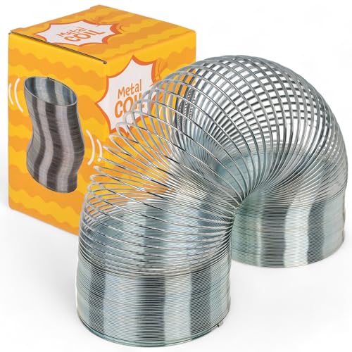 MIJOMA XL-Metallspirale Riesenfeder - Großes Spiralspielzeug Treppenläufer aus Metall, Dehnbare Spirale, Sensorisches Spielzeug, Silberfarben, 11cm hoch, Ø 8cm, für Kinder und Erwachsene von MIJOMA