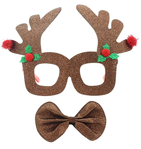 MIK funshopping Lustige Weihnachts-Brille Gag-Brille Kostüm-Brille Weihnachten Weihnachtskostüm Weihnachts-Party (Rentier-Geweih & Fliege Braun-Glitzer) von MIK funshopping