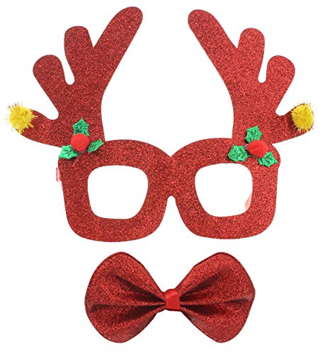 MIK funshopping Lustige Weihnachts-Brille Gag-Brille Kostüm-Brille Weihnachten Weihnachtskostüm Weihnachts-Party (Rentier-Geweih & Fliege Rot-Glitzer) von MIK funshopping