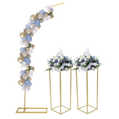 Ballonbogenständer und 2 Blumenständer Set für Partys und Hochzeiten - Hochtemperatur-Lackierung, Stahlrohr, Bogenhintergrundständer und Rechteckige Ständer (Gold) von MIKIYUEER