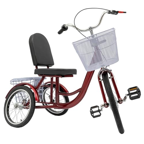 Dreirad für Erwachsene, 20 Zoll Dreirad für Ältere, 3-Rad-Fahrräder mit Körben für Senioren - Dreirad aus robustem Hartstahl - Geeignet als Gehhilfe (Rot) von MIKIYUEER