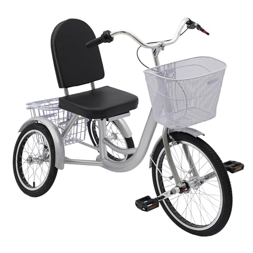 Dreirad für Erwachsene, 20 Zoll Dreirad für Ältere, 3-Rad-Fahrräder mit Körben für Senioren - Dreirad aus robustem Hartstahl - Geeignet als Gehhilfe (Silber) von MIKIYUEER