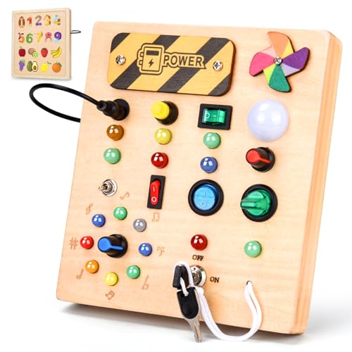 MILFECH Montessori Spielzeug Busy Board mit LED Lichtschalter Activity Board Holzspielzeug,17 LED Motorikspielzeug Sensorik Spielzeug Lernspielzeug für Babys Kleinkinder Jungen Mädchen ab 1 2 3 4 Jahr von MILFECH