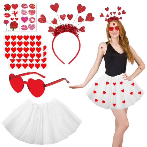 MILIAFLICK 7 Stück Amor Kostüm Damen Faschingskostüme Damen Amor Kostüm Accessoires Karneval Kostüm Damen Cupid Kostüm Amor Damen Karneval Kostüm Fasching Kostüm Damen Tüllrock Weiß Herz Haarreif von MILIAFLICK