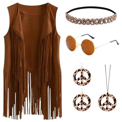 MILIAFLICK Hippie Kleidung Damen Hippie Kostüm Damen Set Damen Disco Outfit 70er Jahre Outfit Damen Western Outfit Damen Hippie Kleid Hippie Accessoires Braun Fransenweste Damen von MILIAFLICK