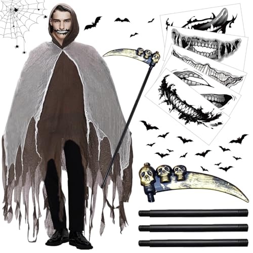 MILIAFLICK Sensenmann Kostüm Herren Halloween Kostüm Herren Horror Kostüm Halloween Kostüm Männer Herren Halloween Umhang mit Kapuze Zerrissenen Robe für Halloween Karneval von MILIAFLICK