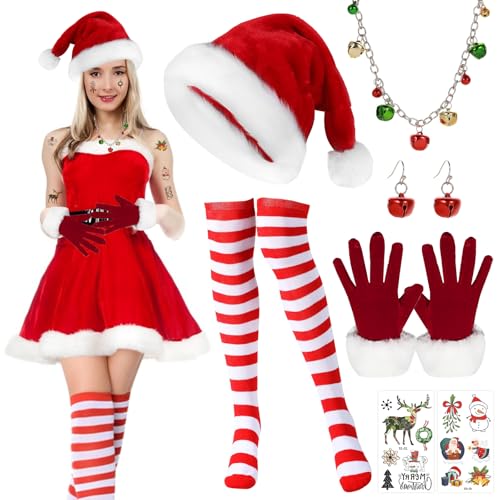 MILIAFLICK Weihnachtsmann Kostüm Damen Weihnachtsmütze 7 Stück Nikolausmütze Erwachsene Weihnachtsstrümpfe Weihnachtsmann Mütze Weihnachtskostüm Damen Weihnachtsmann Zubehör Handschuhe Weihnachts von MILIAFLICK