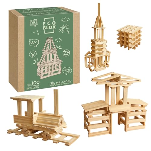 MILLIWOOD ECOCREATOR 100 Set - Bausteine - Bauklötze - Holzbausteine - Holzspielzeug, Konstruktionsspielzeug - Holzklötze - Bauklötze Holz, Holzklötzchen - Holzspielzeug, Kinder Spielzeug von MILLIWOOD