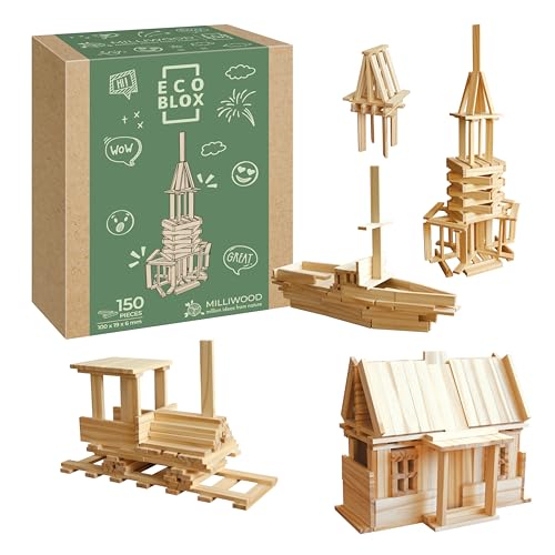 MILLIWOOD ECOCREATOR 150 Set - Bausteine - Bauklötze - Holzbausteine - Holzspielzeug, Konstruktionsspielzeug - Holzklötze - Bauklötze Holz, Holzklötzchen - Holzspielzeug, Kinder Spielzeug von MILLIWOOD