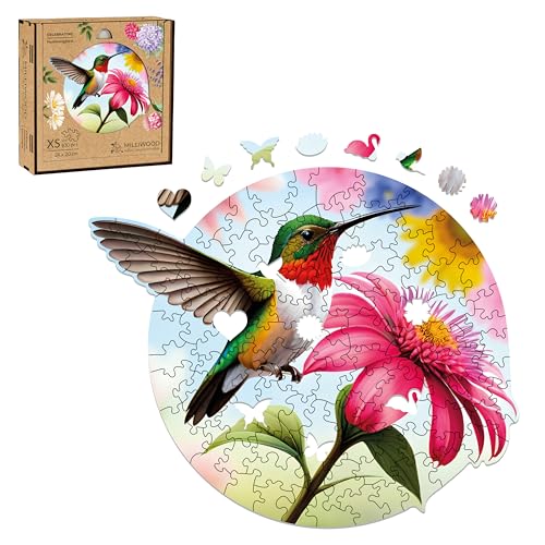 Milliwood Holzpuzzle für die ganze Familie - Celebrating Series - Holzpuzzle mit fesselndem Bild - einzigartiges Design - Kolibri 24x20cm - 100 Teile - 8 besondere Teile von MILLIWOOD