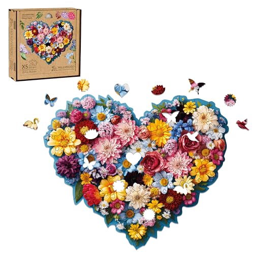 Milliwood Holzpuzzle für die ganze Familie - Serie Celebrating - Holzpuzzle mit künstlerischer Grafik - Einzigartiges Design - Floral Heart - 23.5x19.5cm - 100 Teile - 8 Spezialteile von MILLIWOOD