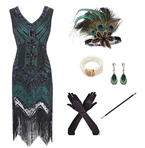 MIMIKRY 20er Jahre Charleston Flapper Damen-Kostüm Grün/Schwarz Pailletten-Kleid mit Fransen und 5-tlg. Pfau Zubehör-Set, Größe:XS von MIMIKRY