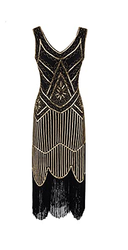 MIMIKRY 20er Jahre Charleston Pailletten Kleid Schwarz/Gold mit Fransen Flapper Damen-Kostüm, Größe:L von MIMIKRY