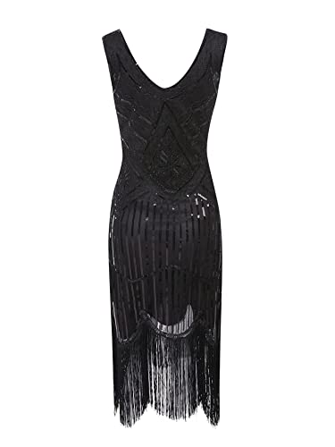 MIMIKRY 20er Jahre Charleston Pailletten Kleid Schwarz mit Fransen Flapper Damen-Kostüm, Größe:XL von MIMIKRY