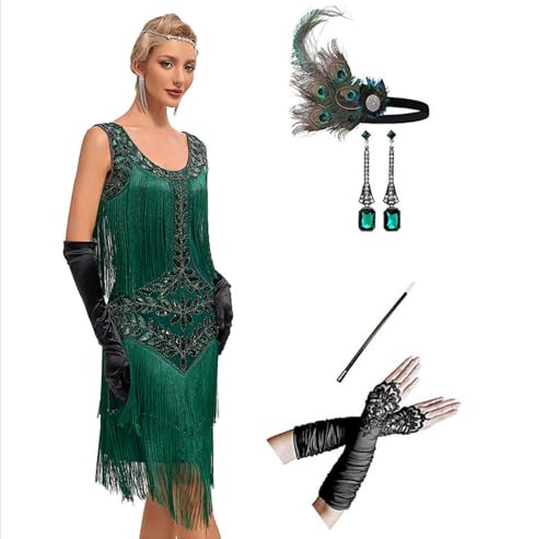 MIMIKRY 20er Jahre Flapper Damen Kostüm Grün Fransen-Kleid mit Pailletten und 4-TLG. Pfau Zubehör-Set, Größe:L von MIMIKRY
