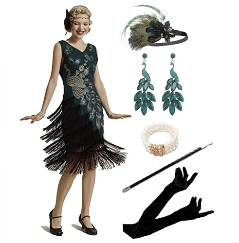 MIMIKRY 20er Jahre Flapper Pfau Damen Kostüm Grün Fransen-Kleid mit Pailletten und 5-TLG. Zubehör-Set, Größe:M von MIMIKRY