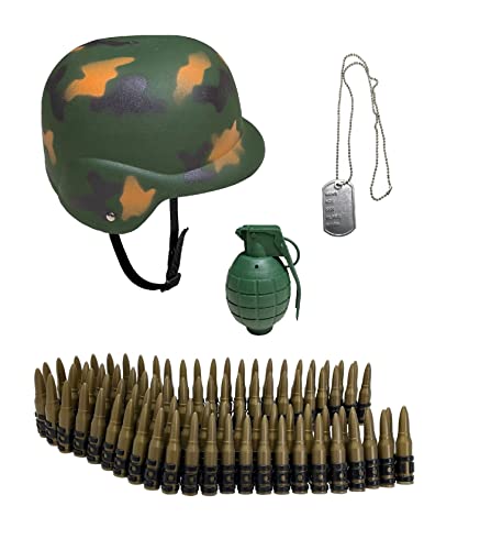MIMIKRY 4-TLG. Army Set Camouflage Helm + Handgranate mit Sound + Patronengürtel + Dog Tag Kette Armee Militär von MIMIKRY