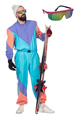 MIMIKRY 80er Jahre Retro Ski-Anzug Herren-Kostüm inkl. Brille Overall Einteiler Trash Bad Taste Apres Ski, Größe:50 von MIMIKRY