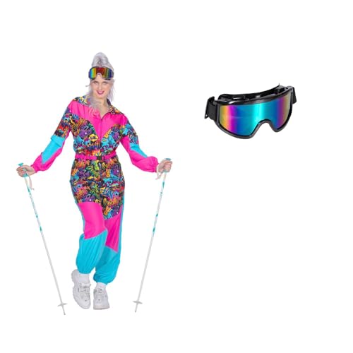 MIMIKRY 80er Jahre Ski-Anzug Graffiti Damen-Kostüm mit Brille 80's Overall Einteiler Trash Apres Ski, Größe:44 von MIMIKRY