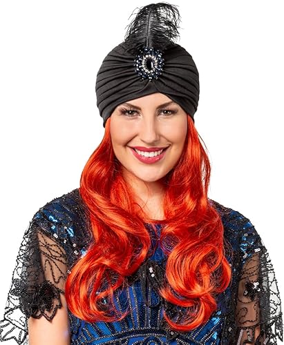 MIMIKRY Damen Turban Schwarz mit Brosche und Feder Diva 20er Jahre Wahrsagerin Hut von MIMIKRY