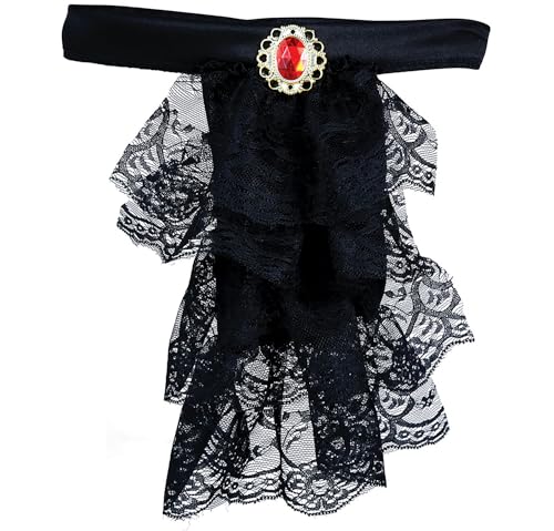 MIMIKRY Edler Jabot aus Spitze mit rotem Schmuckstein Steampunk Barock Vampir Pirat Marqui Marquise Spitzenjabot, Farbe:Schwarz von MIMIKRY