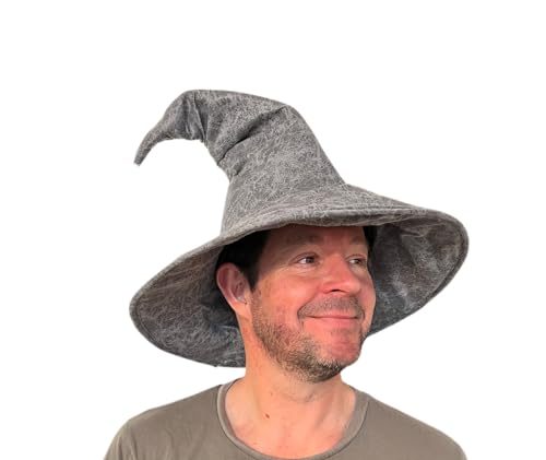 MIMIKRY Großer Gandalf Hobbit Zaubererhut mit gebogener Spitze Leder-Optik Grau Hexenhut Merlin Magier Hexe Hexer Zauberer Hut von MIMIKRY