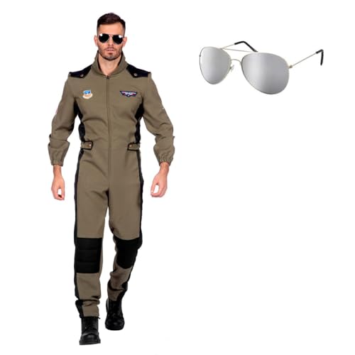 MIMIKRY Herren-Kostüm Overall Pilot + Sonnenbrille Jagdflieger Jetpilot Kampfpilot Kampfjet Flieger Armee Army Film, Größe:48 von MIMIKRY