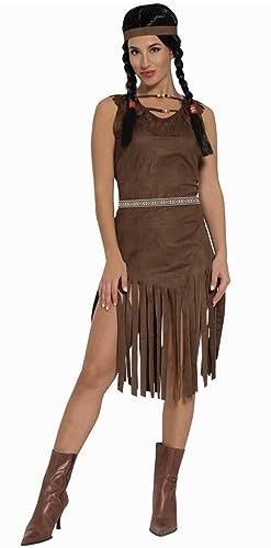 MIMIKRY Indianerin Damen Kostüm in Wildleder-Optik Braun Kleid mit Fransen Gürtel Haarband Squaw Western Wilder Westen, Größe:L von MIMIKRY