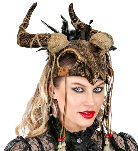 MIMIKRY Kopfschmuck Tierschädel mit Hörnern Federn Perlen Voodoo Priester Maske Krieger Schamane Barbar, Farbe:Bronze von MIMIKRY