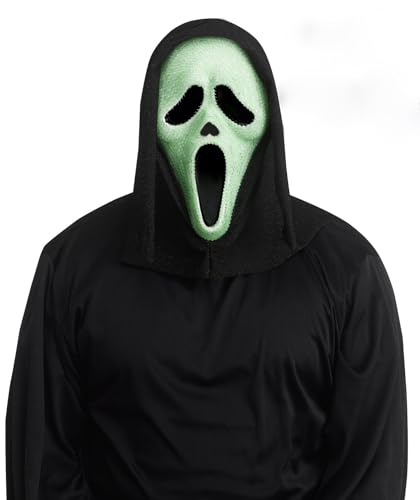 MIMIKRY Original Ghost Face Scream Maske Glow In The Dark mit Strass und Glitzer-Kapuze Halloween Horror Geist Film von MIMIKRY