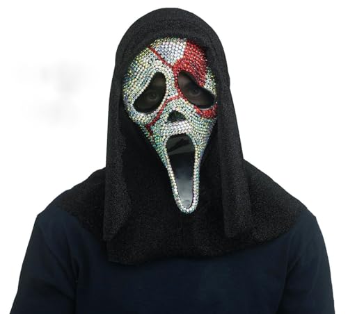 MIMIKRY Original Ghost Face Scream Maske mit Strass, Blut und Glitzer-Kapuze Halloween Horror Geist Film von MIMIKRY