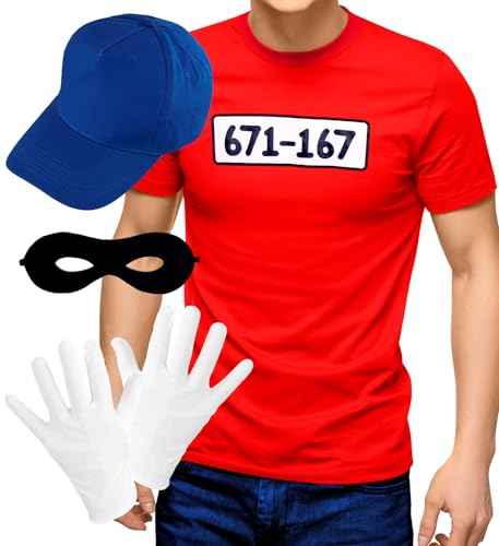 MIMIKRY Panzerknacker Herren Kostüm T-Shirt Maske Handschuhe Kappe Gangster Bandit Junggesellenabschied, Größe:M/L von MIMIKRY