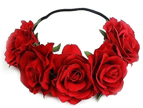 Rosen Stirnband Hippie Gothic Festival Kopfschmuck Haarkranz Haarband Blumenkrone, Farbe:Rot von MIMIKRY