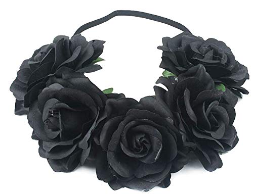 MIMIKRY Rosen Stirnband Hippie Gothic Festival Kopfschmuck Haarkranz Haarband Blumenkrone Damen, Farbe:Schwarz von MIMIKRY