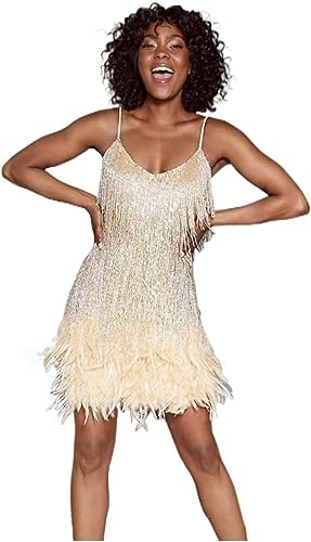 MIMIKRY Tina Turner Fransen Kleid Gold mit Federn Disco Outfit 70s Damen-Kostüm 20er Jahre Charleston Minikleid, Größe:XXL von MIMIKRY