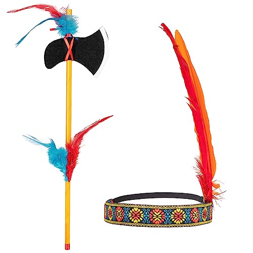 MIMIKRY Zubehör-Set für Indianerin-Kostüm Stirnband mit Federn und Tomahawk Indianer-Kopfschmuck und Beil von MIMIKRY