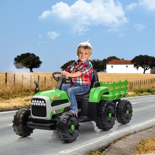 12V 3-Gang Kinder Elektroauto mit Anhänger, Elektro Traktor 2 Fahrmodi, 2,4G-Fernbedienung, LED-Licht, Bluetooth, Musik, USB, Elektrischer Traktor für Kinder ab 3 Jahren (Grün) von MINENICE