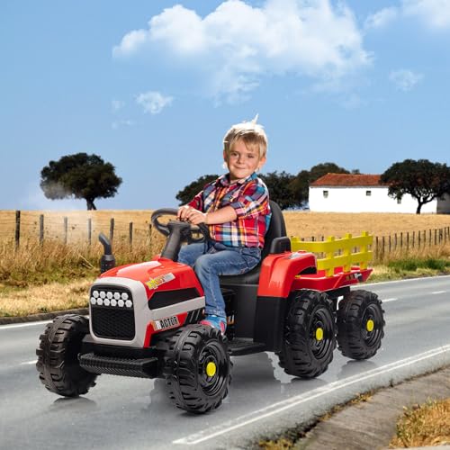 Kinder Elektroauto,12-V-Elektrofahrzeuge für Kinder mit Elternsteuerung, Aufsitzspielzeug für Kleinkinder mit Musik, Bluetooth, Vierradfederung, USB, Scheinwerfern (Bauernkarren-rot) von MINENICE