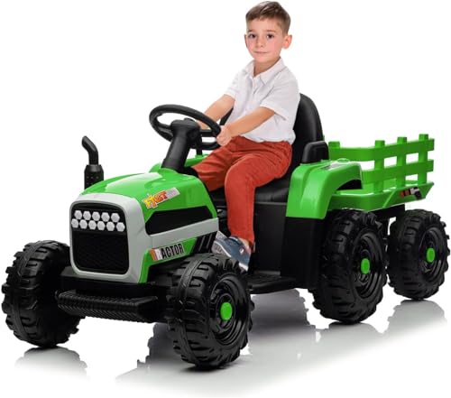 MINENICE Elektrotraktor für Kinder, Elektrotraktor mit Anhänger, Hinterradantrieb, 11 LED-Leuchten, 12 V Akku, Fernbedienung, Tragkraft 50 kg, Geschwindigkeit 3-5 km/h (Grün) von MINENICE