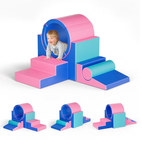 MINENICE Kinder Schaumstoffbausteine, große Schaumstoffbausteine, Indoor-Kletterblöcke, Kinderklettergerüste (Blau & Rosa Tunnel-5pcs) von MINENICE