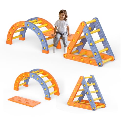 MINENICE Montessori Klettergerüst Set, Indoor Kletterdreieck mit Dreieckiges Klettergerüst,Halbkreis, Rutsche aus Kunststoff Kletterturnhalle für Babys (Orangeblau 002) von MINENICE