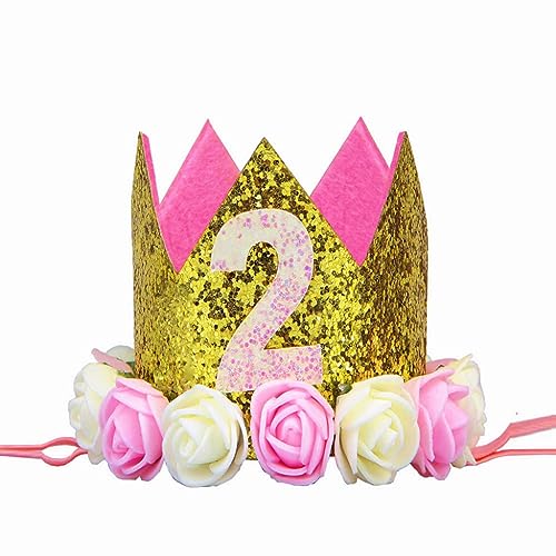 MINGZE 1-3 Jahr Geburtstag Baby Krone, Haarschmuck Stirnband Kopfband Turban Haarband Stirnbänder Prinzessin Tiara Haar Zubehör schmuck Babyschmuck Babygeschenke Golden Für Babys Baby Mädchen Kids (2) von MINGZE