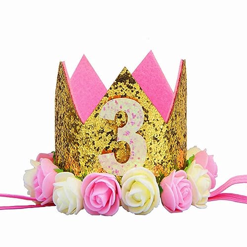 MINGZE 1-3 Jahr Geburtstag Baby Krone, Haarschmuck Stirnband Kopfband Turban Haarband Stirnbänder Prinzessin Tiara Haar Zubehör schmuck Babyschmuck Babygeschenke Golden Für Babys Baby Mädchen Kids (3) von MINGZE